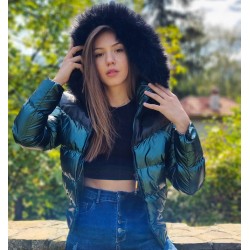 Дамско пухено яке с качулка, City Angels Jeans, тъмнозелен лак, 6827
